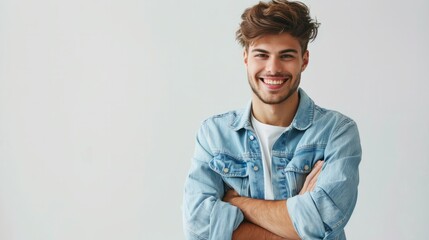 Young, handsome and friendly face man smile, dressed casually with happy and self-confident positive expression with crossed arms on white background studio shot. Concept for good attitude boy