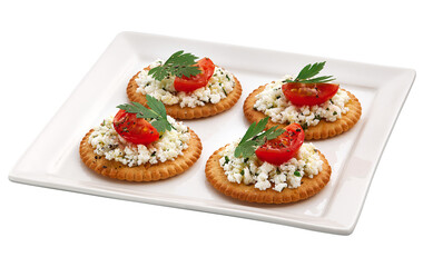 prato com biscoito com queijo, tomate e manjericão isolado em fundo transparente
