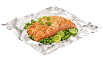 salmão assado no forno em papel alumínio acompanhado de ervilhas e alho-poró isolado em fundo transparente