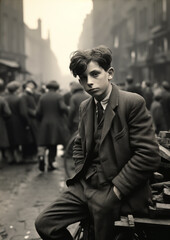 A black-and-white photograph of   young boy in vintage attire in a busy street. Background features a crowd of people, creating an atmosphere of early 20th-century urban life.