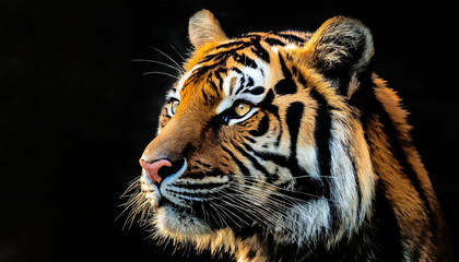 Tiger isolated on plain black background with copy space.