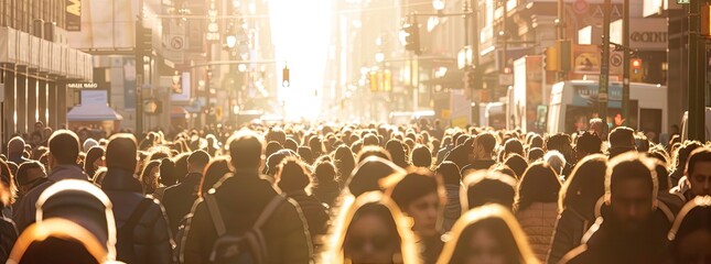A large crowd of people walking down a busy city street with sunlight illuminating the background