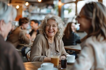 Elderly woman enjoying lively conversation and coffee in a cafe