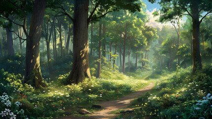 Tranquil Forest Pathway Winding Through Lush Trees with Dappled Sunlight and Vibrant Wildflowers
