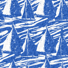 Coastal sail boat in azure ocean blue seamless background. Modern sailing race boat block print for decorative coast interior furnishing fabric for rustic linen beach cottage trend. 