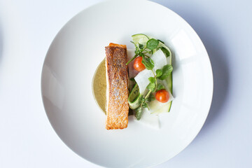 Roasted Salmon With Nori, Pickled Daikon, Cucumber And Confit Cherry Tomato.