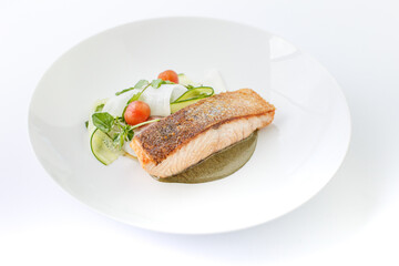 Roasted Salmon With Nori, Pickled Daikon, Cucumber And Confit Cherry Tomato.