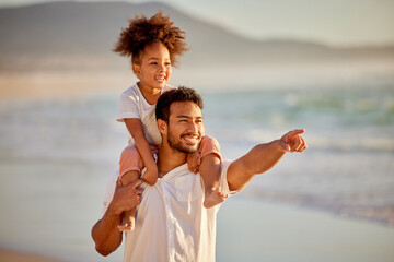 Father, girl and pointing on shoulders for beach fun, holiday and bonding and walking on sea shore...