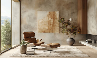 Living room setup with a focus on texture    simple leather lounge chair,  Generate AI