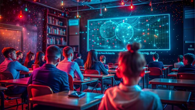 A modern digital classroom with interactive whiteboards, online learning platforms, and virtual reality educational tools, revolutionizing the way we learn. 