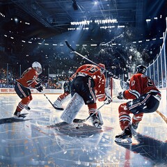 A fast-paced and thrilling moment in an ice hockey game, capturing the speed, skill, and intensity of the players as they battle for the puck, with an animated crowd and icy arena setting.
