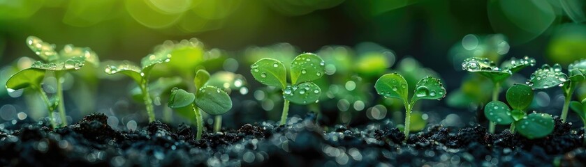Close-up of fresh green seedlings with dew drops in fertile soil against a bokeh background, representing growth and new beginnings.