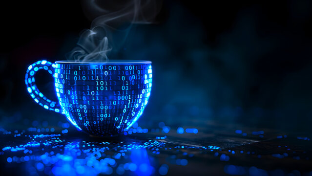 Blue Coffee Cup Digital Data Binary Code Technology Background