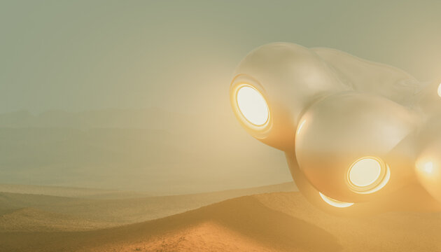 Alien spaceship flying over a deserted planet