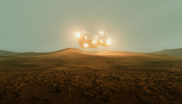 Alien spaceship flying over a deserted planet