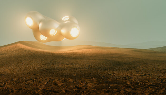 Alien spaceship flying over a deserted planet