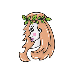 illustration of a beautiful woman wearing a headband made from a series of leaves. solid color style.