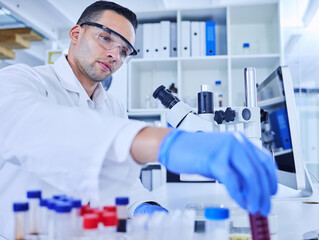 Lab, man and scientist with glasses, research and ppe for safety, thinking and vision for cure of...