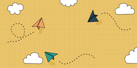 Welcome To School. Flying paper airplanes. Vector cartoon children planes in air. Back to school background drawing. backgrounds for Teacher appreciation day. KnowledgeForAll.