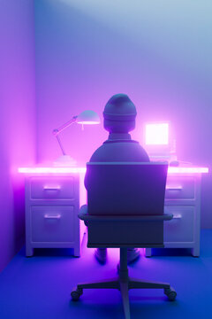 3D Render of Back View of Person at Neon Office Desk