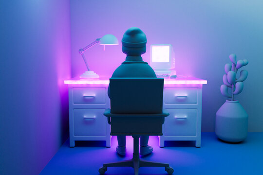 3D Render of Home Office with Neon Lighting and Figure