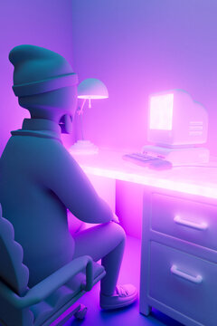 3D Render of Side View of Person at Neon-Infused Desk