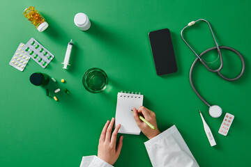 High angle view table of doctor hands with stethoscope writing