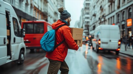 Delivery man courier transporting package, efficiency delivery service, speed and reliability