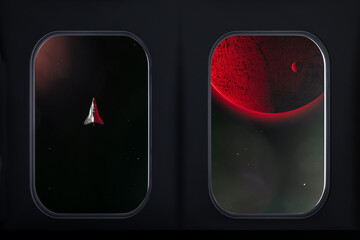 Mars view from spacecraft window with approaching vessel