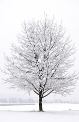 A solitary tree covered in snow standing majestically against a pristine white background, capturing the essence of winter's serene beauty.