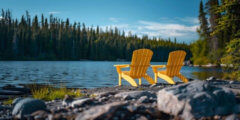 Two empty yellow wooden deck chairs rest on calm lake shore canada, copy space - Powered by Adobe