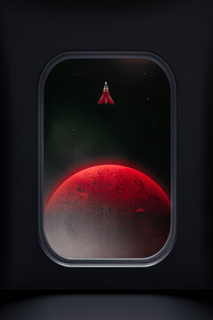 Mars view from spacecraft window with approaching vessel