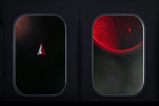 Mars view from spacecraft window with approaching vessel