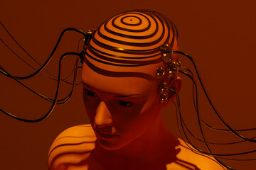 Humanoid linked to ai network concept in red hue