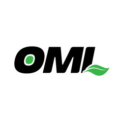 OMI brand name initial letters monogram with green leaf.