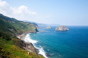 Aerial view of the cliffs and serene waters of Gulf of Biscay, Spain