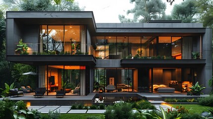 a modern home exterior draped in shades of gray and black, adorned with expansive glass windows
