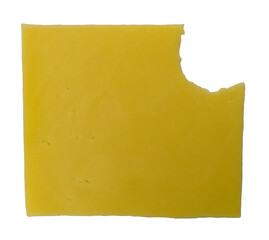 Appetizing slice of yellow cheese with a bitten piece, isolated on transparent close-up