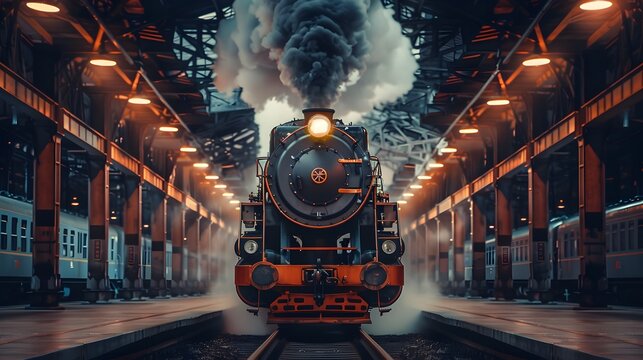 Front view of a locomotive with cinematic and professional photography style.