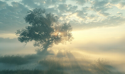 Nature background depicting a realistic early morning   landscape outdoor, Generate AI