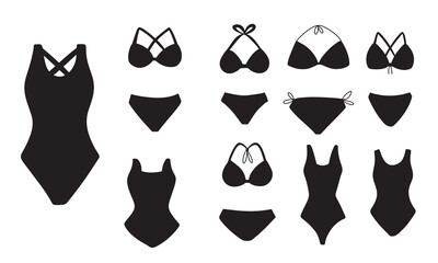 Collection of swimsuits and bikini silhouette. Hand drawn vector art.