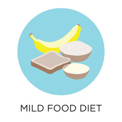 Mild food diet vector icon with banana, oatmeal, toast, rice, flat style illustration