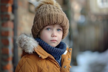 Closeup of a young child with big eyes wearing a knitted hat and winter coat outdoors