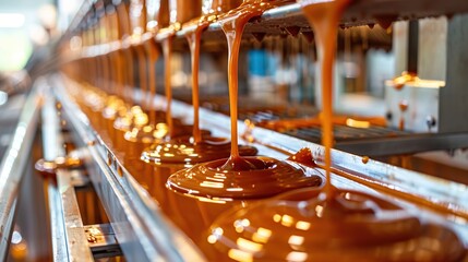 Caramel pouring over a production line of desserts in a factory