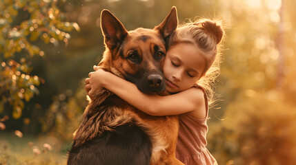 A little girl hugging her dog on national love your pet day, representing the love and friendship between an animal and its owner.