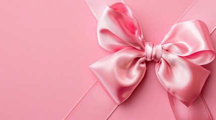Pink ribbon on a plain pink background. Flat lay composition with copy space.