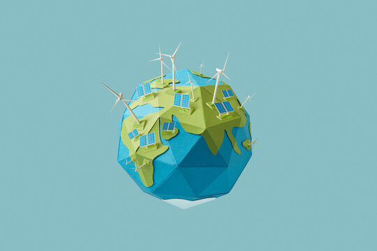Papercraft earth planet covered with wind turbines and solar panels