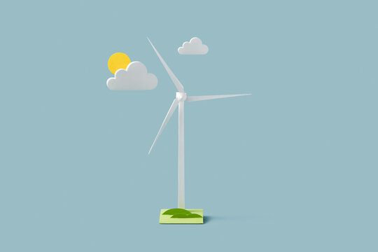 Handmade windmill on light blue background with sun and white clouds