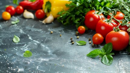 Assorted fresh vegetables including tomatoes, bell peppers, garlic, and herbs on a dark background