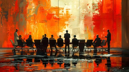 a tableau of executives, poised and confident, engaging in dynamic discourse within a sophisticated boardroom, their surroundings as polished and forward-thinking as their ideas